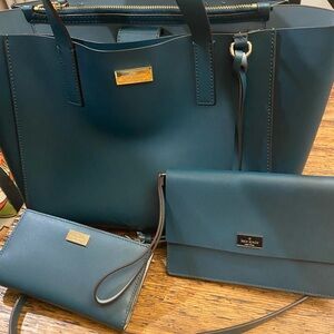 Kate Spade Teal Blue Tote bag, Clutch and Wristlet Set. 3 piece set.
